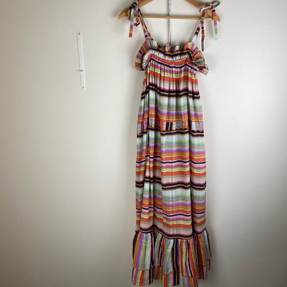 Rue de la Lune Sabi Dress Size ML Pink Multi Ruffle Cotton Stripe Maxi Colorful - Picture 6 of 14